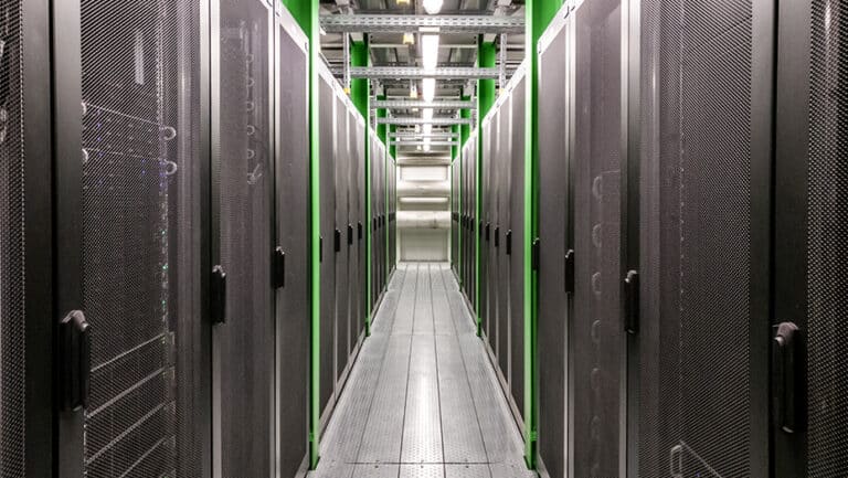 Close-up of server racks with cooling tubes – Showcases the liquid cooling system in action.