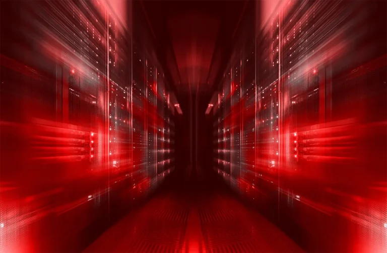Surreal photo of red-streaked data center aisle