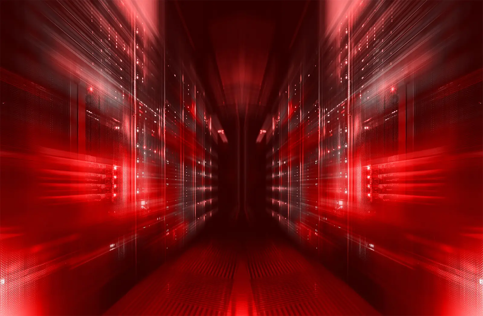 Surreal photo of red-streaked data center aisle
